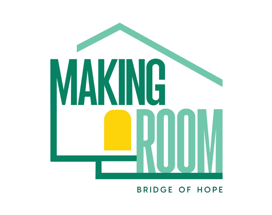 Making Room logo including green house elements with a yellow door and text